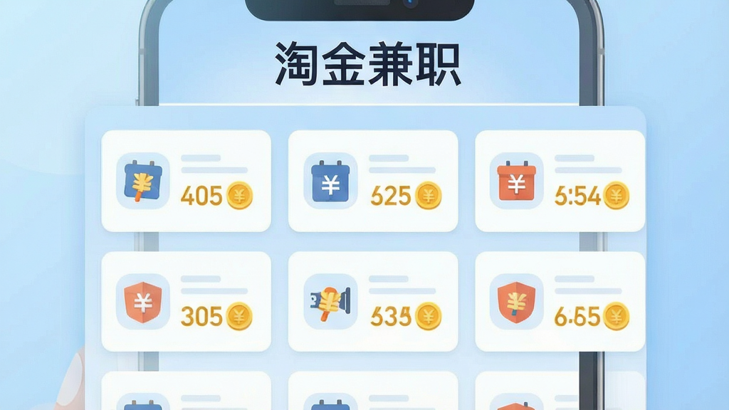 一张展示任务列表的手机截图风格插画,画面中“淘金兼职”四个字出现在顶部标题栏,下方是整齐排列的任务卡片,每张卡片带有小图标和金币奖励数字,背景为浅蓝色渐变,风格扁平化,布局清晰,画质干净无多余元素