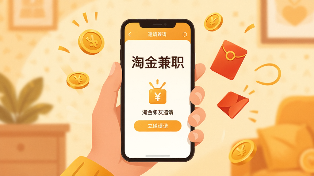 一张描绘好友邀请场景的插图,画面中一只手拿着手机,手机屏幕上显示“淘金兼职”的邀请页面,旁边有金币和红包飘浮元素,背景为暖色调,风格温馨活泼,构图简洁,画质干净无多余元素