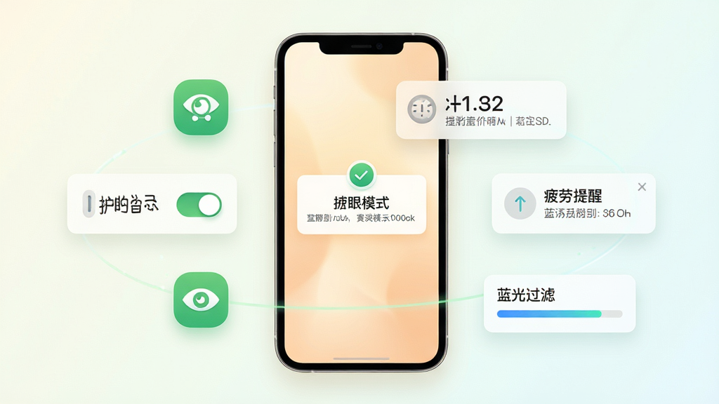 掌上护眼精灵软件主界面截图,画面中央展示手机屏幕发出柔和暖光,周围环绕绿色护眼图标与时间提醒浮窗,背景为简洁浅色渐变,布局采用居中对称排版,风格清新科技感,细节包含护眼模式开关、疲劳提醒弹窗、蓝光过滤进度条,画质高清干净无多余元素