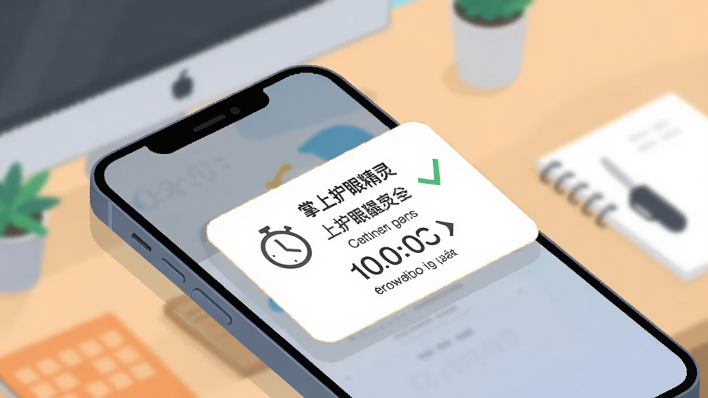 掌上护眼精灵智能疲劳提醒功能展示图,画面主体为手机屏幕弹出温馨护眼提示框,背景为办公桌面场景,布局采用斜角透视展示,风格扁平化插画,细节包含计时器图标、绿色对勾、休息倒计时数字,画质清晰干净无多余元素