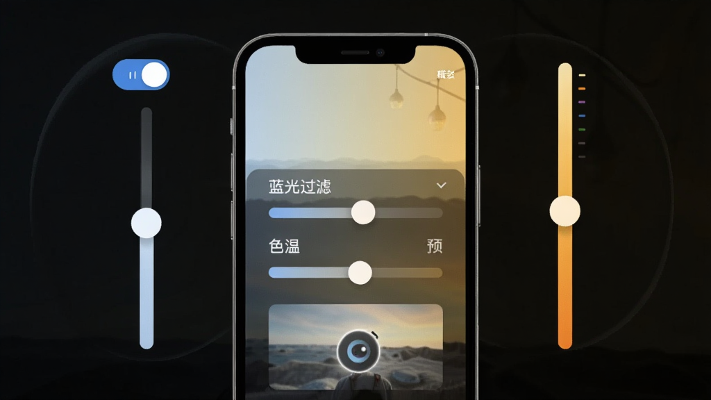 掌上护眼精灵蓝光过滤调节界面图,画面展示手机屏幕色彩从冷白渐变至暖黄,周围环绕调节滑块与色温指示条,布局采用上下分层排版,风格简约现代,细节包含蓝光过滤开关、色温滑块、预览小窗,画质高清干净无多余元素