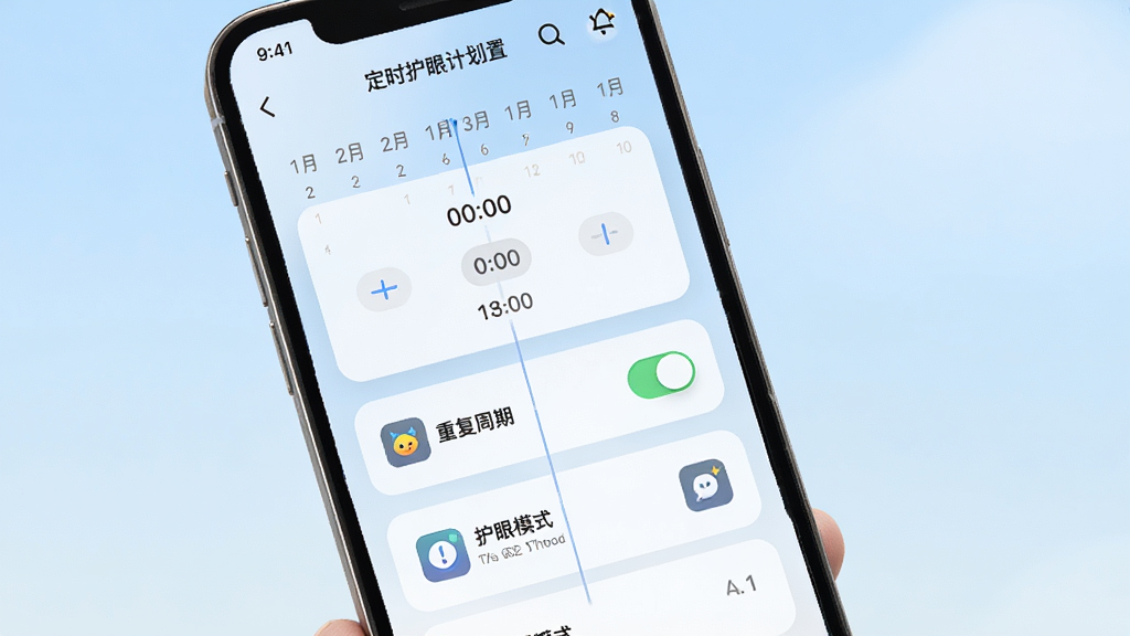 掌上护眼精灵定时护眼计划设置界面,画面展示手机日历与时间轴结合的计划列表,背景为柔和浅蓝渐变,布局采用卡片式纵向排列,风格清新淡雅,细节包含时间选择器、重复周期开关、护眼模式图标,画质高清干净无多余元素