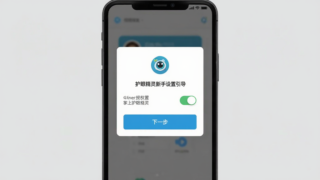掌上护眼精灵新手设置引导界面,画面展示手机屏幕弹出权限授权列表,背景为简洁灰色调,布局采用居中弹窗样式,风格扁平化设计,细节包含权限开关、下一步按钮、护眼图标,画质清晰干净无多余元素