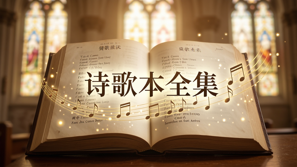 一本翻开的赞美诗集,书页上浮现出“诗歌本全集”字样,周围环绕着音符和光点,背景是柔和的教堂窗户光影,主体居中,风格温暖宁静,画质细腻清晰,无多余元素