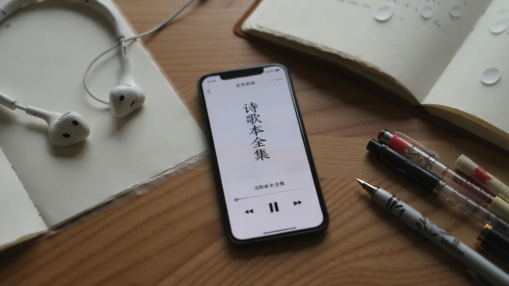一部手机屏幕显示“诗歌本全集”播放界面,旁边有耳机和一本打开的笔记本,桌面上散落着几支笔,画面布局简洁,风格安静舒适,画质清晰,无多余元素