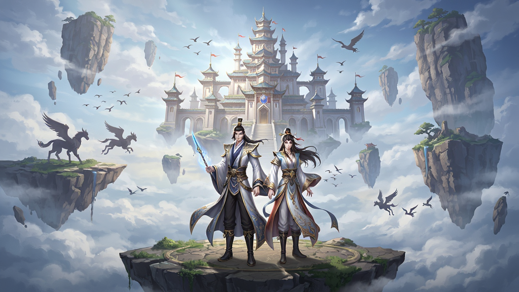 һ����Ϊ���͵Ķ���������MMORPG��������ͼ������Ϊ���������ŷ���ε���Ů��ɫվ���ƺ�֮�ϵ����������Ե�������Ǻ�ΰ�Ŀ��гǱ���Ư���ľ�ʯ�����ֲ������ĶԳƹ�ͼ����ɫλ�ڻ�������ƫ�£��Ϸ����������Ǳ���չʾ�ռ䣬�Ű�Ϊ���溣����ʽ�����ΪΨ����������CG�廭��ϸ�ڰ�����ɫ�����ϵľ�ϸ�����������Ʋ�Ĺ�Ӱ���䡢Զ���������������ļ�Ӱ�����ʳ����壬�ɾ����޶���Ԫ��