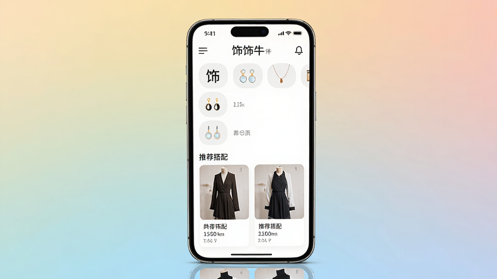 饰饰牛软件主界面展示,手机屏幕中显示饰品分类导航和推荐搭配卡片,主体为一部现代智能手机,布局居中,排版清晰,风格为清新简约的UI设计展示图,细节包括耳环项链图标和柔和渐变背景,画质高清,干净,无多余元素