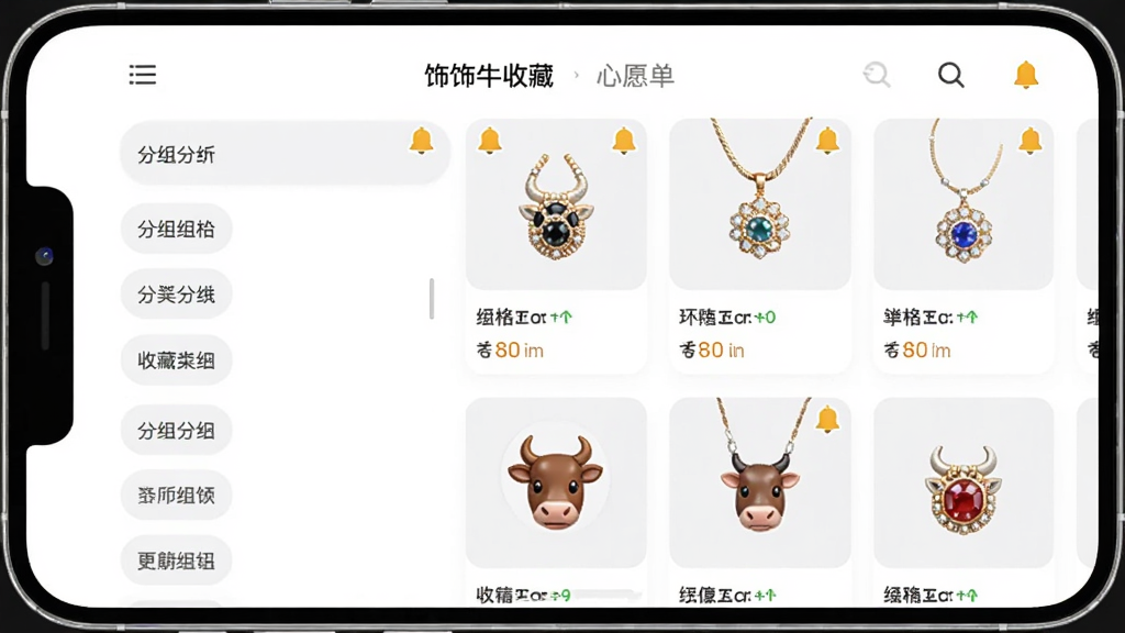 饰饰牛收藏与心愿单界面,手机屏幕显示分组列表和饰品卡片,主体为手机和收藏列表,布局为左侧分组右侧卡片,排版整齐,风格为工具类APP界面,细节包括价格提醒铃铛图标和分组标签,画质高清,干净,无多余元素