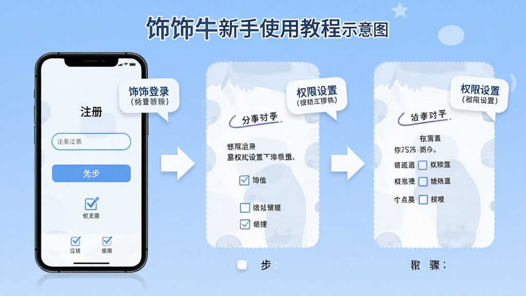饰饰牛新手使用教程示意图,手机屏幕显示注册登录和权限设置步骤,主体为手机和操作指引箭头,布局为分步展示,排版清晰,风格为教程类插图,细节包括勾选框和提示气泡,画质高清,干净,无多余元素