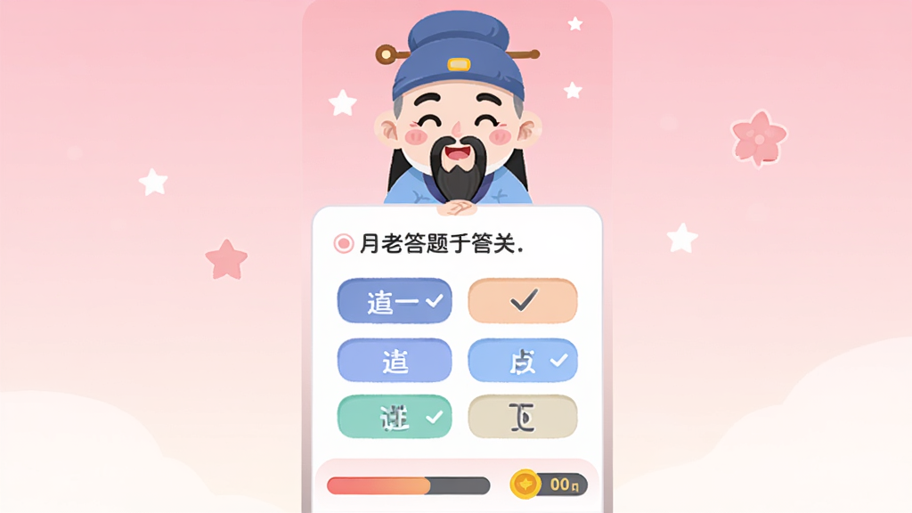 月老答题应用中的答题闯关界面,屏幕上显示一道选择题和四个选项,上方有月老卡通形象微笑注视,背景为淡粉色渐变,屏幕下方显示进度条和金币数量,整体风格清新可爱,扁平化UI设计,画质干净清晰