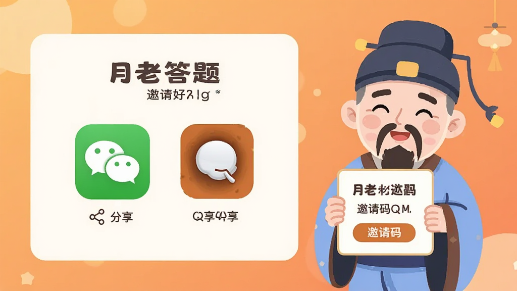 月老答题邀请好友界面,展示一个分享面板,上面有微信、QQ等分享图标,旁边有月老卡通形象拿着邀请码,背景为暖色调渐变,界面简洁明了,文字清晰可读,扁平化设计风格,画质干净整洁