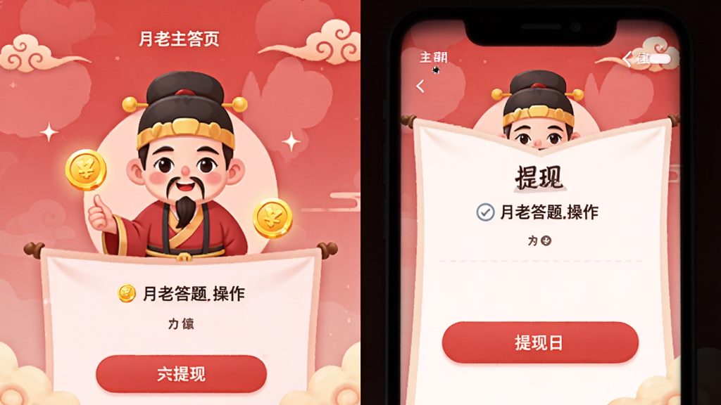 月老答题手机端操作界面截图,展示答题主页面和提现页面并排布局,屏幕上有月老卡通形象和金币图标,整体风格简洁明快,色彩以红粉为主,画质清晰,干净无多余元素