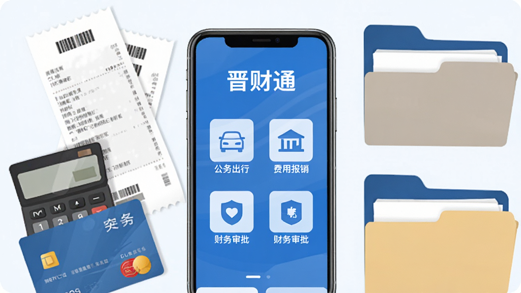 画面中央一部智能手机,屏幕上显示“晋财通”应用主界面,界面包含公务出行、费用报销、财务审批等功能图标;手机周围环绕着票据、计算器、公务卡、文件夹等办公元素;整体采用蓝白商务配色,扁平化设计风格;画面简洁干净,无多余装饰;高清画质,适合软件下载站展示。