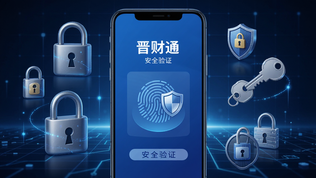 画面中央一部手机,屏幕显示“晋财通”安全验证界面,有指纹图标和盾牌标志,周围环绕锁、钥匙、加密符号等安全元素,背景为深蓝色科技感网格,风格安全可靠,高清画质。