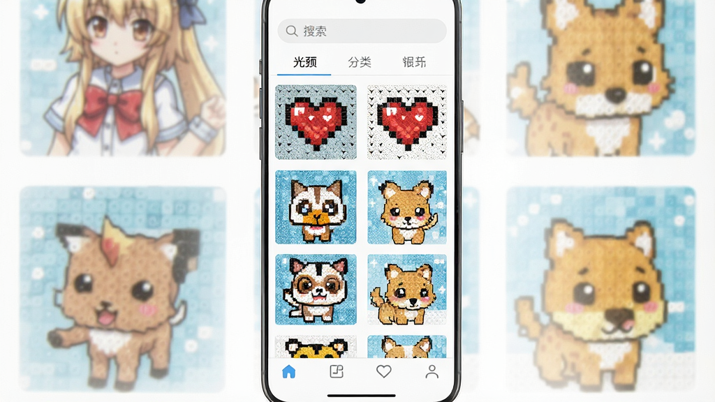 一张展示光豆社拼豆图纸资源库的手机界面截图,画面中央是整齐排列的拼豆图纸缩略图网格,包含动漫角色、像素爱心、小动物等图案,界面顶部有搜索框和分类标签栏,底部有导航按钮,整体风格清爽明亮,画质干净清晰,无多余元素