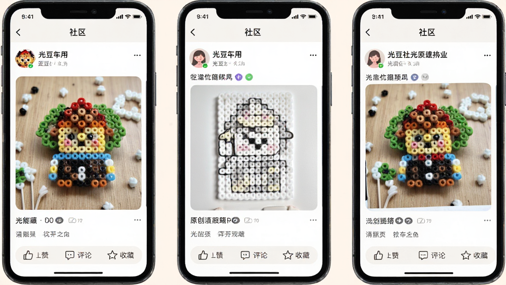 一张展示光豆社社区互动功能的手机界面截图,画面中显示用户发布的拼豆成品照片和原创图纸帖子,带有点赞、评论、收藏按钮,界面风格温馨友好,画质干净清晰,无多余元素