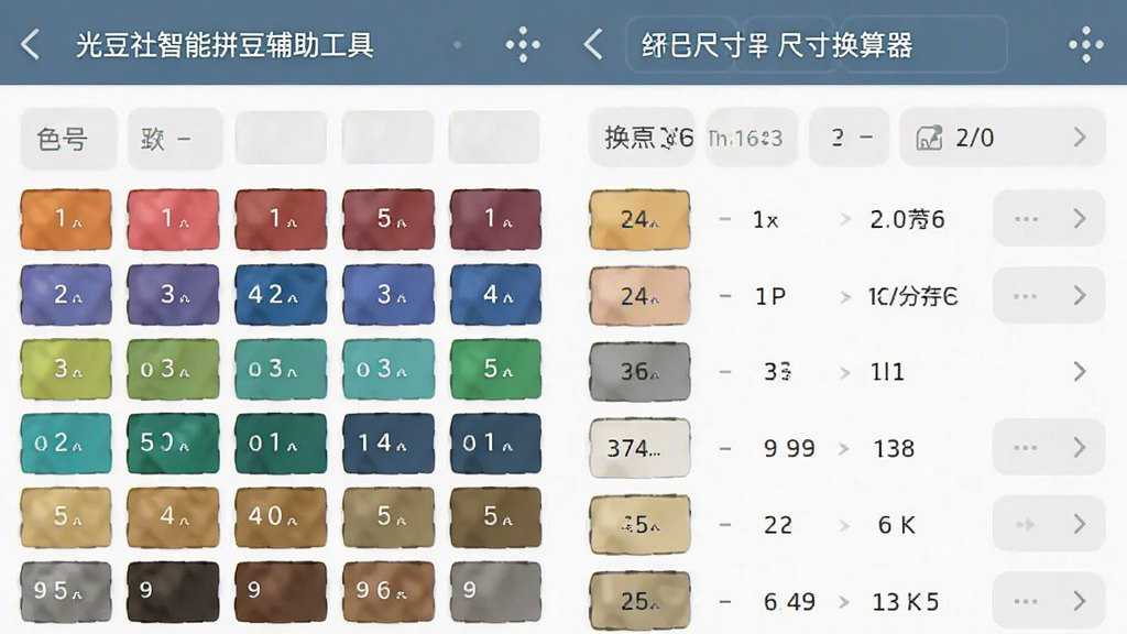 一张展示光豆社智能拼豆辅助工具的手机界面截图,画面中显示色号对照表和尺寸换算器界面,有清晰的数字和色块,界面风格简洁工具化,画质干净清晰,无多余元素