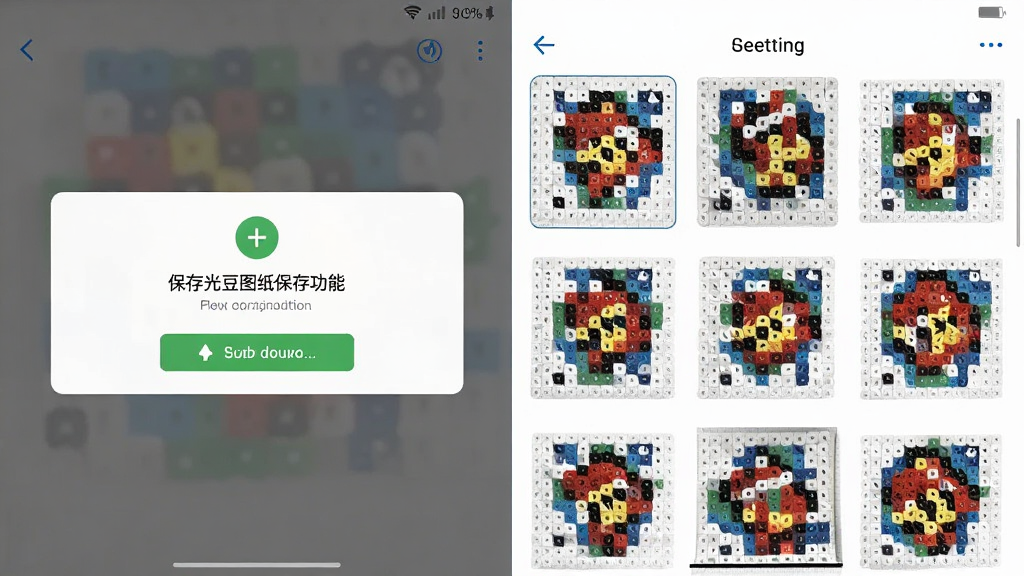 一张展示光豆社图纸保存功能的手机界面截图,画面中显示保存成功的提示和相册中已保存的拼豆图纸缩略图,界面风格简洁明了,画质干净清晰,无多余元素