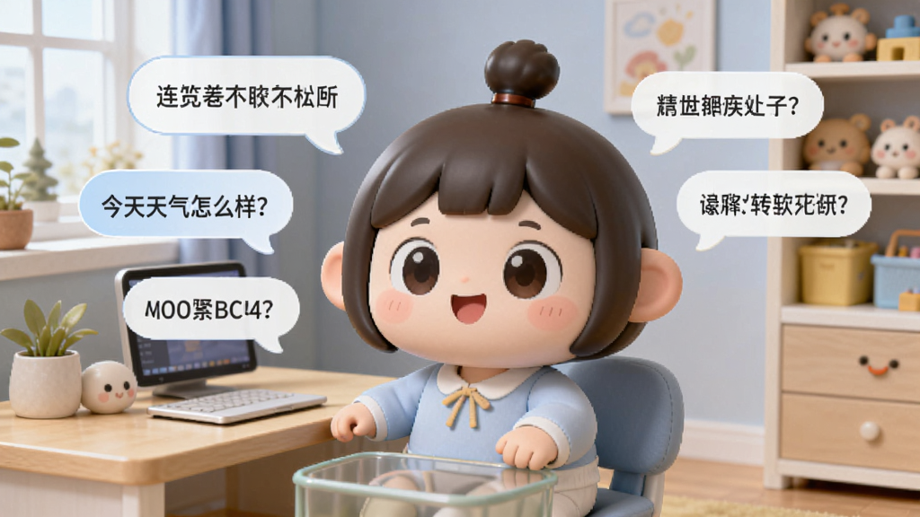 一个圆润可爱的AI虚拟伙伴坐在书桌前,面前漂浮着对话气泡,气泡中显示“今天天气怎么样”等儿童常见问题,背景是明亮整洁的儿童学习区,风格卡通温馨,画面干净