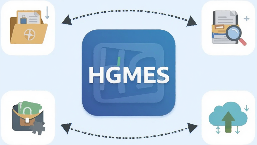 一张信息图表风格的插画,画面中央是“HGMES”软件图标,周围环绕四个功能图标分别代表记录、检索、离线、备份,用虚线箭头连接,背景为淡蓝色渐变,图标采用扁平化设计,配色清新,整体排版简洁明了,适合用于介绍软件核心功能,高清画质,无多余装饰元素
