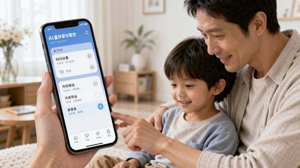 手机屏幕展示AI童伴家长管控界面,包含时间设置、内容筛选等选项,旁边有家长与孩子共同查看手机的画面,风格简洁现代,画面干净有序
