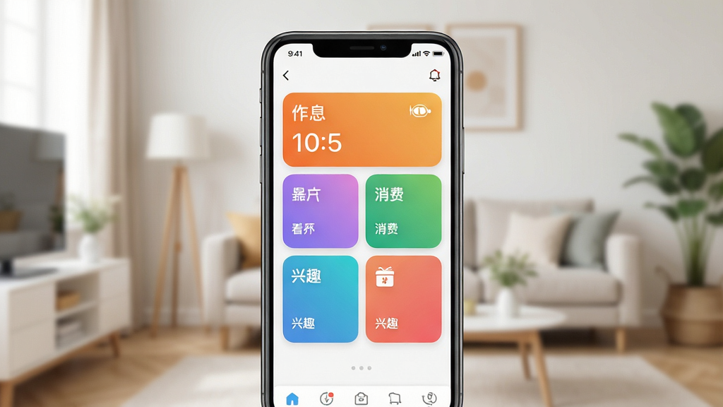一张展示生活自定义APP主界面的概念图,画面中央是一部智能手机,屏幕内显示生活自定义的模块化卡片式布局,包含作息、消费、兴趣等多个彩色功能区块,背景是柔和的居家环境,风格简洁现代,细节清晰,画质干净明亮,无多余元素