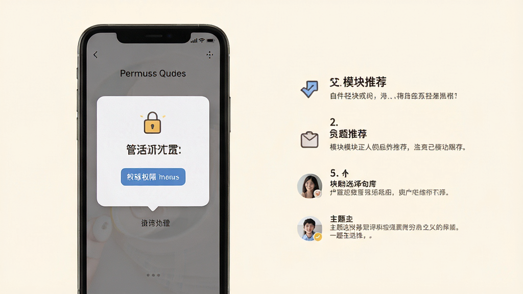 一张展示生活自定义新手设置引导页面的图片,画面中手机屏幕显示分步引导界面,包含权限请求、模块推荐、主题选择等步骤,背景为柔和的米白色,风格亲切友好,细节清晰,画质干净,无多余元素