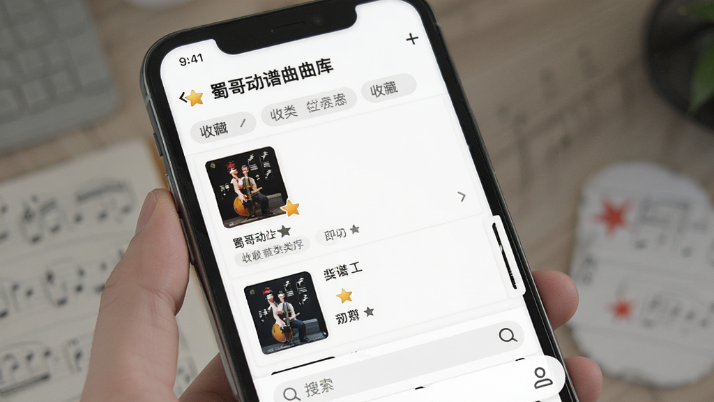 一张展示蜀哥动谱大师曲库管理与收藏功能的界面图,画面主体为手机屏幕中显示收藏列表与分类标签,布局为纵向列表式,风格为清新简洁APP界面风,细节包括曲谱封面、收藏星标、分类标签、搜索框,画质清晰,干净,无多余元素