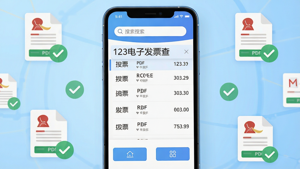 一张展示智能手机屏幕的图片,屏幕中央显示“123电子发票查”软件主界面,界面布局简洁,顶部有搜索框,中部有发票列表,底部有功能按钮,背景为浅蓝色渐变,周围环绕着电子发票PDF文件图标和查验对勾图标,风格为扁平化科技风,细节清晰,画质干净,无多余元素