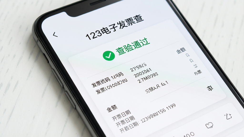 一张展示手机屏幕特写的图片,屏幕中显示“123电子发票查”的查验结果页面,页面顶部有绿色对勾和“查验通过”字样,下方列出详细的发票信息,包括发票代码、号码、金额、开票日期,背景为白色卡片式布局,风格为商务简约,细节清晰,画质干净,无多余元素