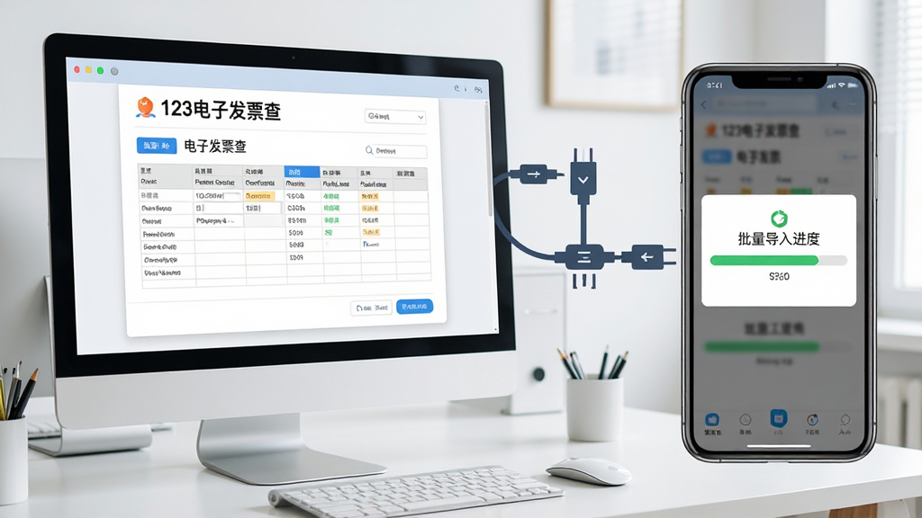 一张展示电脑桌面与手机同步的图片,画面左侧是电脑屏幕显示“123电子发票查”的表格导出界面,右侧是手机屏幕显示批量导入进度条,中间有数据线连接图标,背景为简洁的办公桌面,风格为现代商务,细节清晰,画质干净,无多余元素