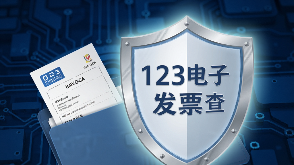 一张展示盾牌与文件夹组合的图片,盾牌上印有“123电子发票查”字样,文件夹中露出电子发票的一角,背景为深蓝色科技纹理,盾牌发出柔和的保护光晕,风格为安全防护主题,细节清晰,画质干净,无多余元素