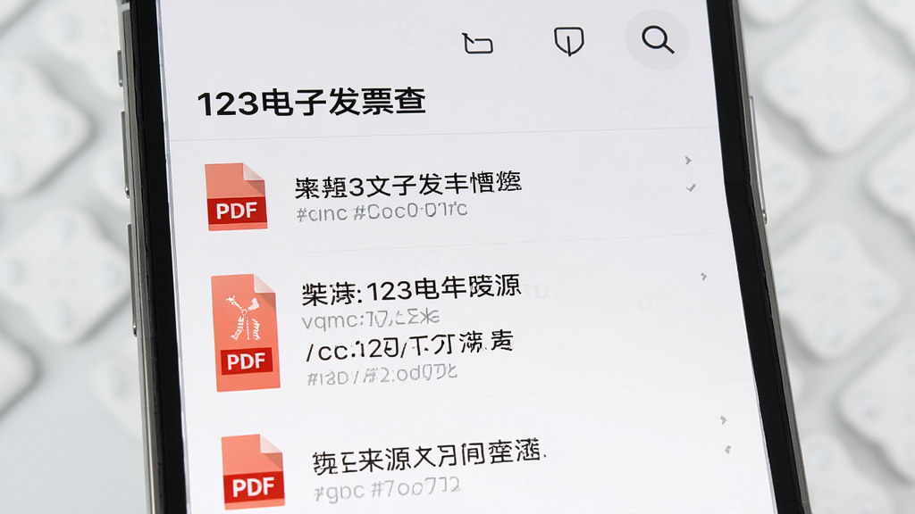 一张展示手机文件管理界面的图片,界面中显示“123电子发票查”的文件索引功能,列表中有多个PDF文件图标,每个文件旁标注了来源文件夹路径,顶部有搜索放大镜图标,背景为浅灰色极简风格,细节清晰,画质干净,无多余元素