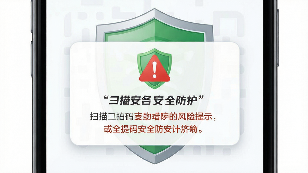 支扫描二维码安全防护提示界面图,主体为手机屏幕显示安全警告弹窗,布局居中突出警示图标与文字说明,排版带有盾牌元素,风格为安全可信风,细节包含绿色盾牌与风险提示文字,画质高清,干净,无多余元素