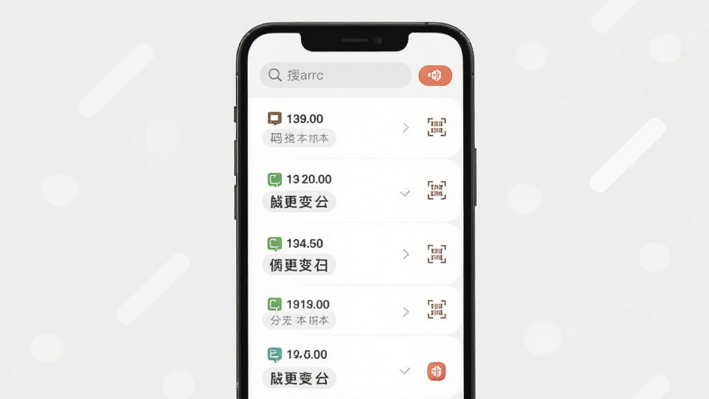 支扫描二维码历史记录列表界面图,主体为手机屏幕展示扫码记录列表,布局为纵向滚动列表,排版带有时间标签与类型图标,风格为素雅极简风,细节包含搜索栏与删除按钮,画质高清,干净,无多余元素
