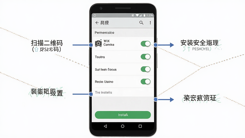 支扫描二维码安装权限设置示意图,主体为安卓手机设置界面,布局展示权限开关与安全选项,排版分步标注,风格为教程指引风,细节包含相机权限图标与安装按钮,画质高清,干净,无多余元素