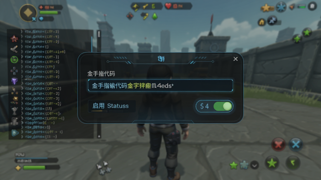 爱吾模拟器金手指功能操作界面,画面中央为金手指代码输入框和开关按钮,背景为半透明游戏画面,布局为悬浮窗样式,风格为科技感深色主题,细节包含代码列表和启用状态指示,画质高清,干净,无多余元素