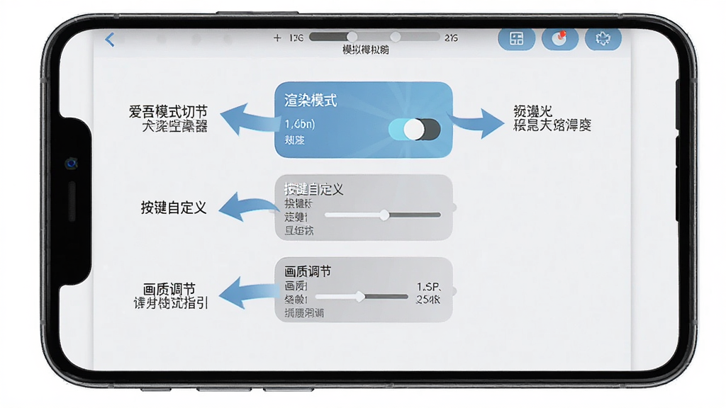 爱吾模拟器新手操作指引示意图,画面为手机屏幕展示模拟器设置界面,包含渲染模式切换、按键自定义、画质调节等选项,布局为手机竖屏截图样式,风格为扁平化UI设计,细节包含箭头标注和文字说明,画质高清,干净,无多余元素