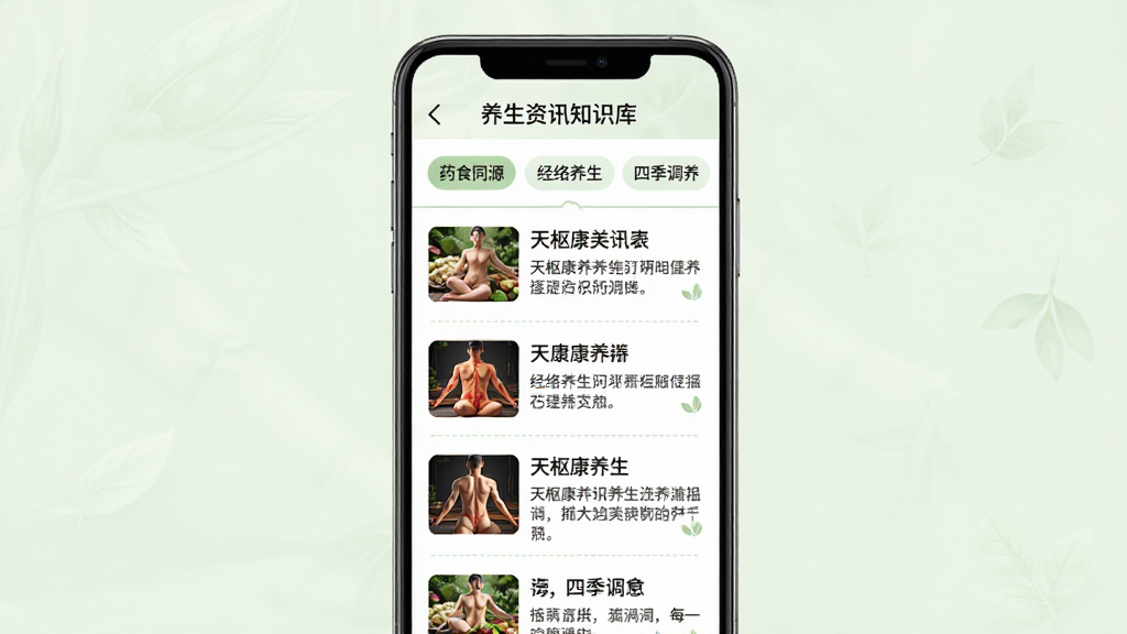���࿵����������Ѷ֪ʶ��ҳ�棬�ֻ���Ļ���У���Ļ��չʾ��Ѷ�б�������ǩ�����б����������ͼ��������ժҪ���֣������ǩ������ҩʳͬԴ�����������������ļ�����������ɫ�԰�ɫ�뵭��ɫΪ���������ˬ�Ķ���ϸ�ڰ���Բ�Ǳ�ǩ���ָ��ߣ����ʸ��壬����ɾ����޶���Ԫ��
