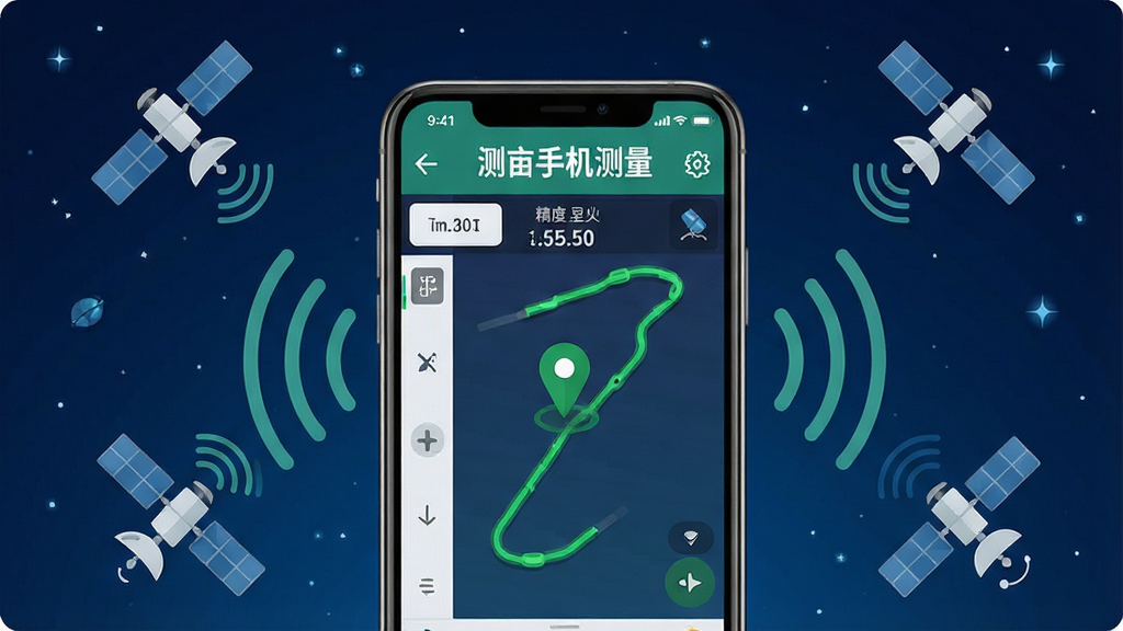 测亩手机测量GPS定位功能展示,画面中央为手机屏幕显示卫星定位界面,屏幕上有