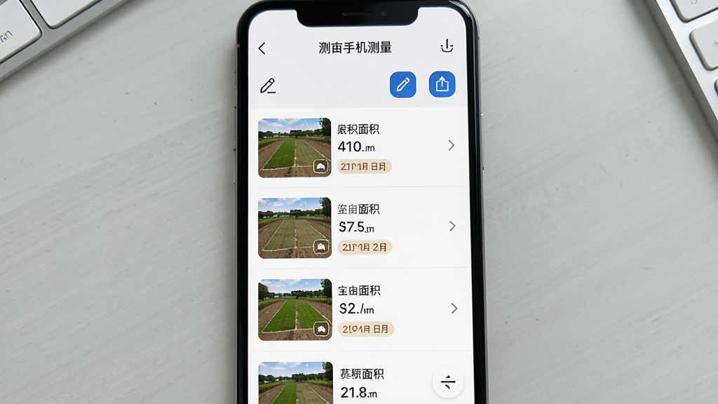 测亩手机测量历史记录界面展示,主体为手机屏幕显示地块列表,屏幕上有