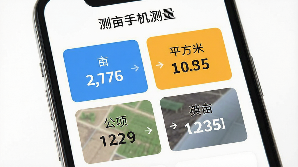 测亩手机测量单位换算功能展示,画面为手机屏幕显示测量结果页面,屏幕上有