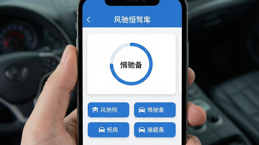 手机屏幕中显示驾考理论题库练习界面,主体为居中排列的答题卡片与选项按钮,布局为上方标题栏、中部题目区域、下方四个选项,排版整齐清晰,风格为扁平化现代移动应用界面,细节包括蓝色主色调、白色卡片背景、圆形进度条、交通图标点缀,画质高清干净无多余元素,画面中文字标注“风驰恒驾”