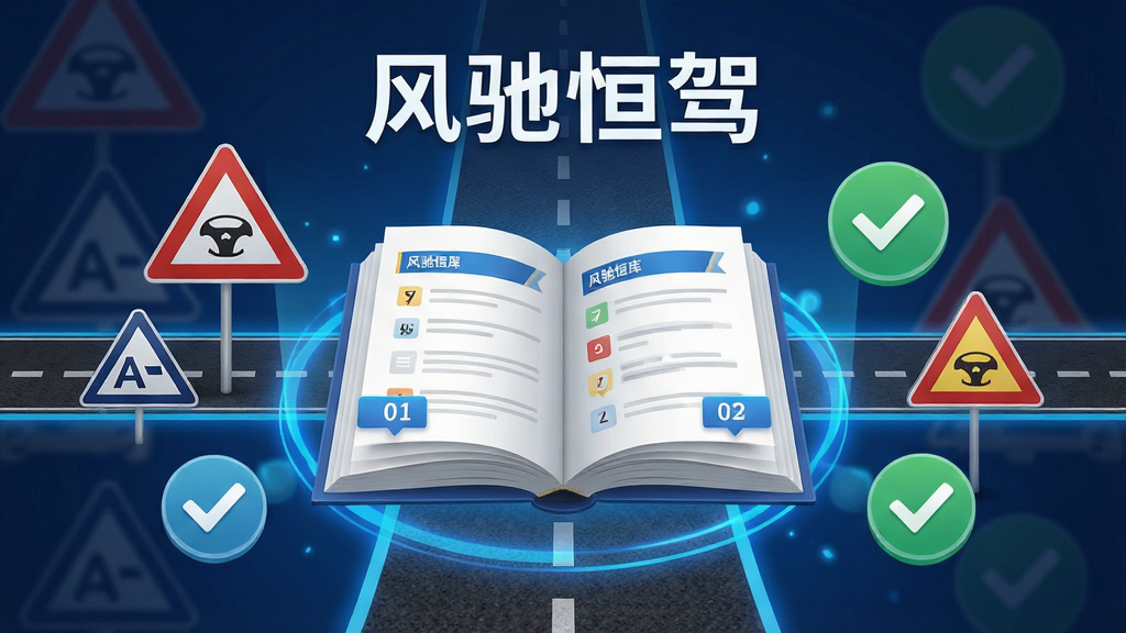 一款驾考学习应用的功能展示图,画面中心为翻开的虚拟题库书本,周围环绕交通标志与答题对勾图标,布局采用中心放射式构图,排版将软件名称“风驰恒驾”置于顶部居中位置,风格为写实与扁平结合的科技教育风,细节包括蓝色光效、道路标线纹理、题号标签,画质清晰干净无多余元素