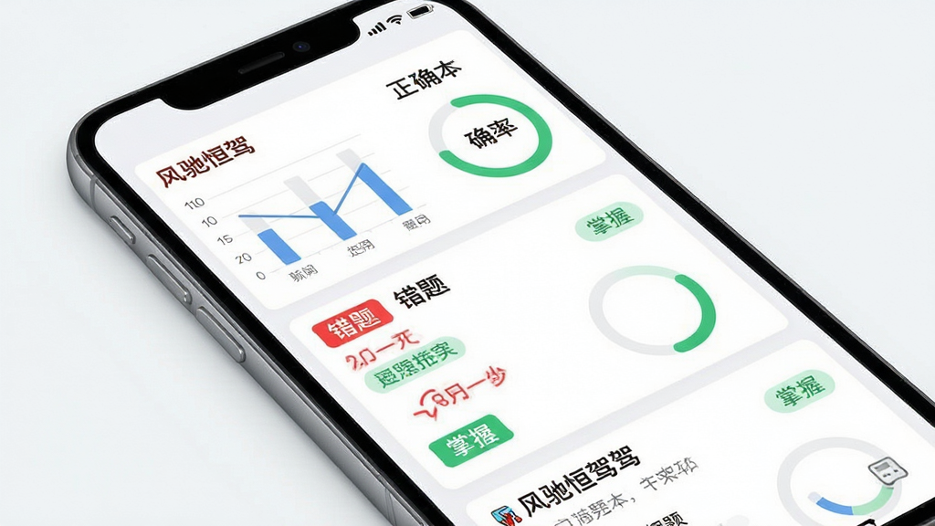 驾考软件错题本功能界面示意图,主体为手机屏幕内显示的错题列表与红色标记,布局为上下结构,上方为统计图表,下方为题目卡片列表,排版紧凑有序,风格为清爽的移动端工具类界面,细节包括红色错题标签、绿色掌握标签、环形正确率图表,画质高清干净无多余元素,画面中文字显示“风驰恒驾”