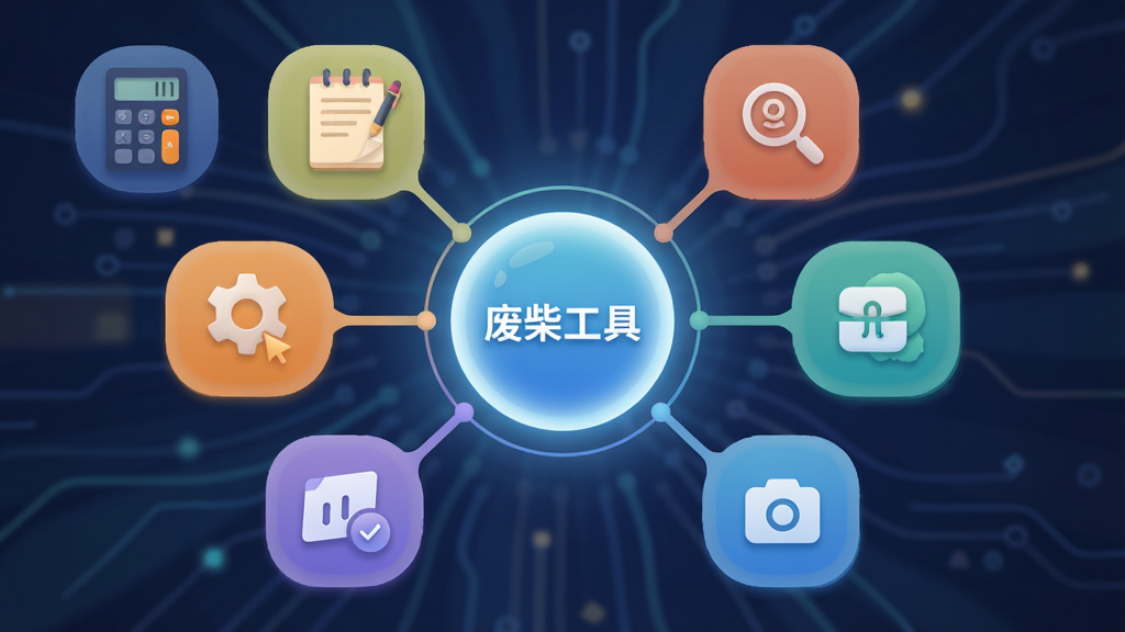 一个以“废柴工具”为核心的功能聚合概念图,画面主体是一个发光的圆形中心节点,周围连接着代表不同小功能的图标模块,如计算器、记事本、查询放大镜等,布局呈放射状展开,风格扁平化科技感,细节上线条柔和、色彩层次分明,画质高清,干净,无多余元素