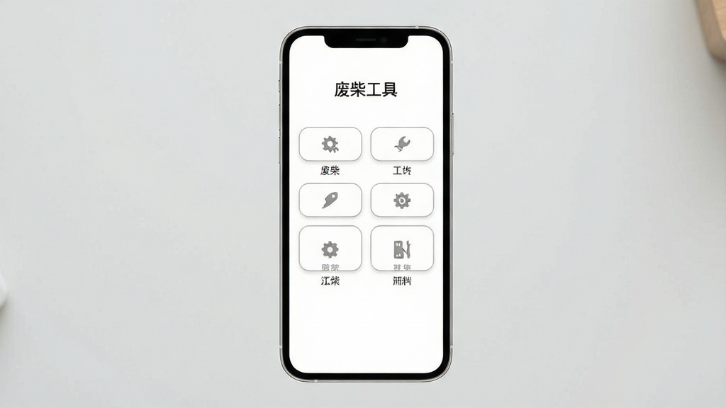 一幅展示“废柴工具”简洁界面的示意图,画面中手机屏幕显示干净的白色背景,上面整齐排列着几个功能按钮,按钮下方有简短文字标签,整体布局留白充足,风格素雅极简,细节上按钮有轻微圆角和浅灰色边框,画质高清,干净,无多余元素