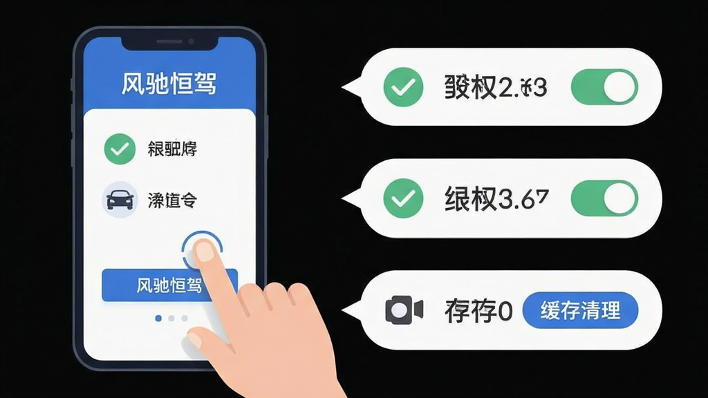 驾考学习软件的新手操作指引插图,主体为手机屏幕与手指点击动作,布局为左侧手机、右侧步骤气泡,排版采用横向对比形式,风格为简洁明快的扁平插画,细节包括勾选图标、权限开关图形、缓存清理按钮,画质清晰干净无多余元素,画面中文字标注“风驰恒驾”