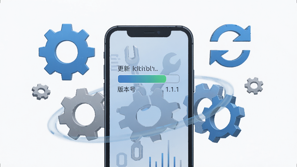 一幅表现“废柴工具”版本更新与维护概念的图片,画面主体是手机屏幕上显示更新进度条和版本号“1.1.1”,周围有齿轮和刷新箭头等元素环绕,布局以手机为中心,风格简洁商务,细节上色彩以蓝灰为主,画质高清,干净,无多余元素