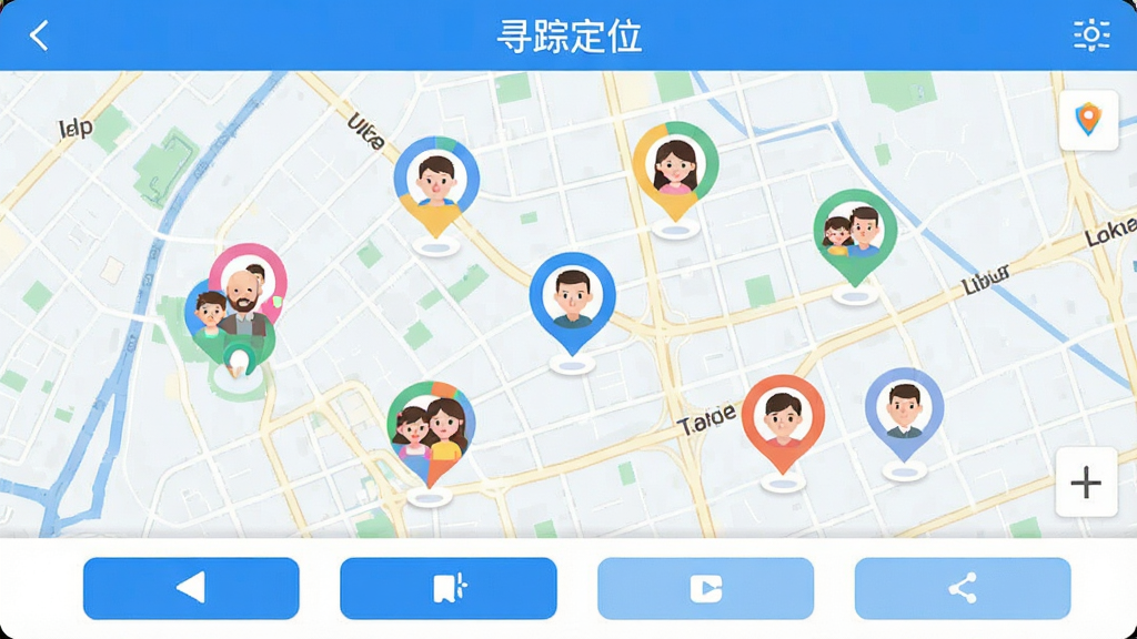 寻踪定位软件主界面截图,画面中央展示一张城市地图,地图上有多个彩色头像标记,分别代表不同家庭成员的位置,顶部显示软件名称